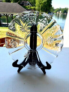 Vintage Fostoria Fleur de Lis Etched Elegant Glass Scalloped Floral 14” Platter